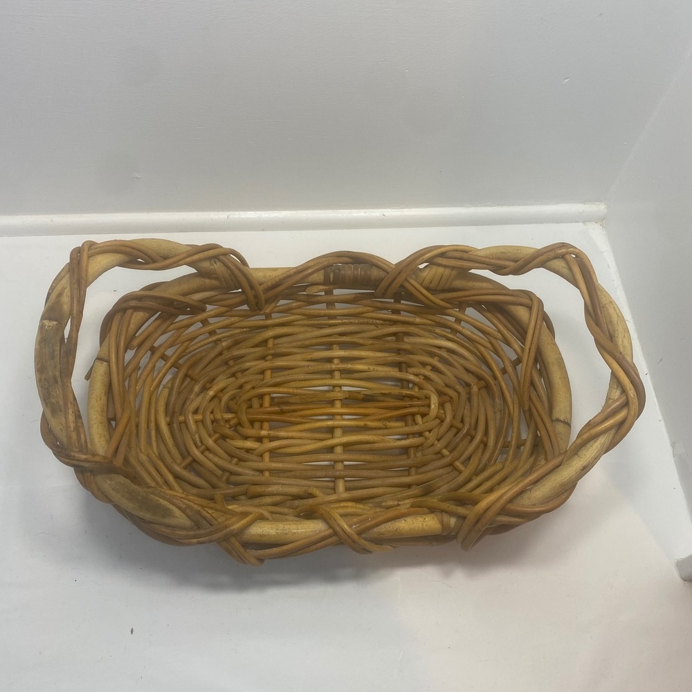 Vtg‎ Large Oval Wicker Rattan Basket Farmhouse Serving Tray Double Handle
